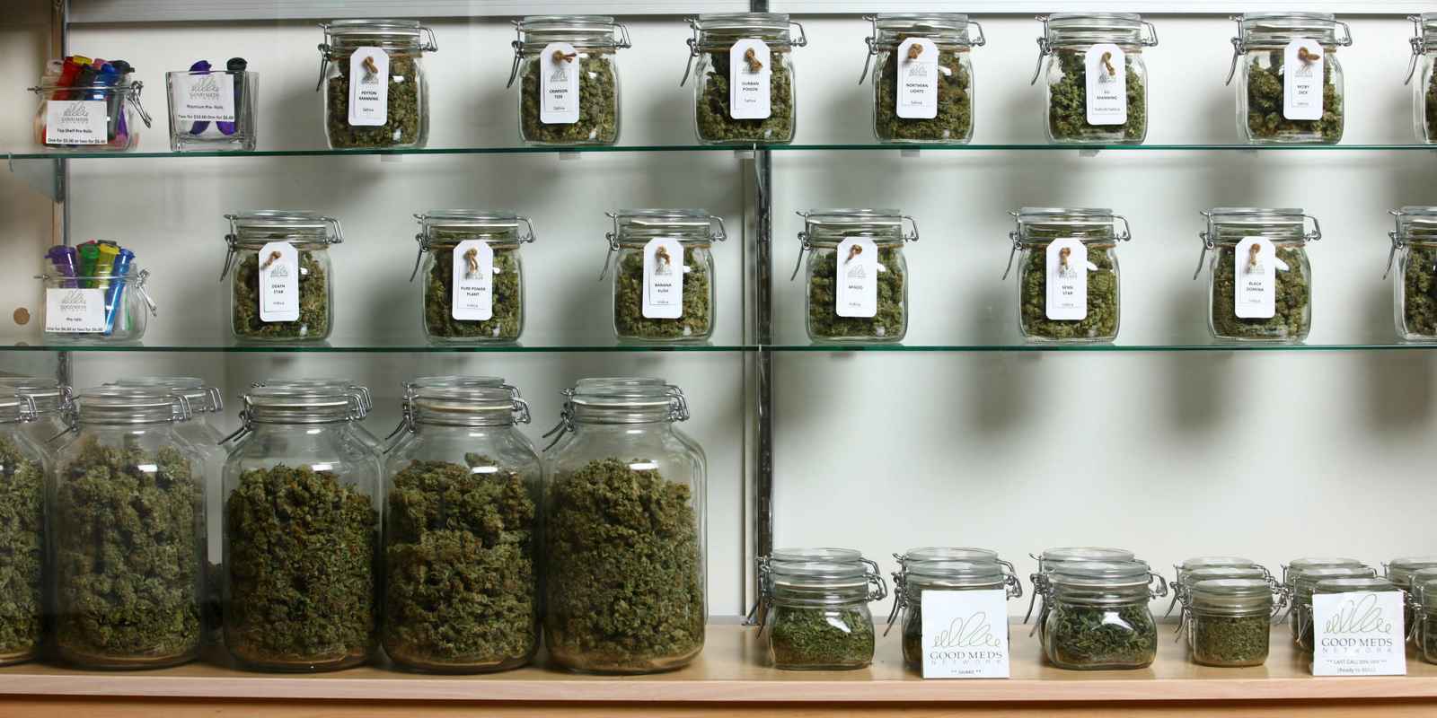 Lakewood, CO - MARCH, 4:   Jars of medical cannabis line the shelves inside a Good Meds medical cannabis center in Lakewood, Colorado, U.S., on Monday, March 4, 2013.   This is at a Good Meds medical cannabis center in Lakewood, and is one of the facilities that Kristi Kelly, Co-Founder of Good Meds Network, operates. (Photo by Matthew Staver/For The Washington Post via Getty Images)