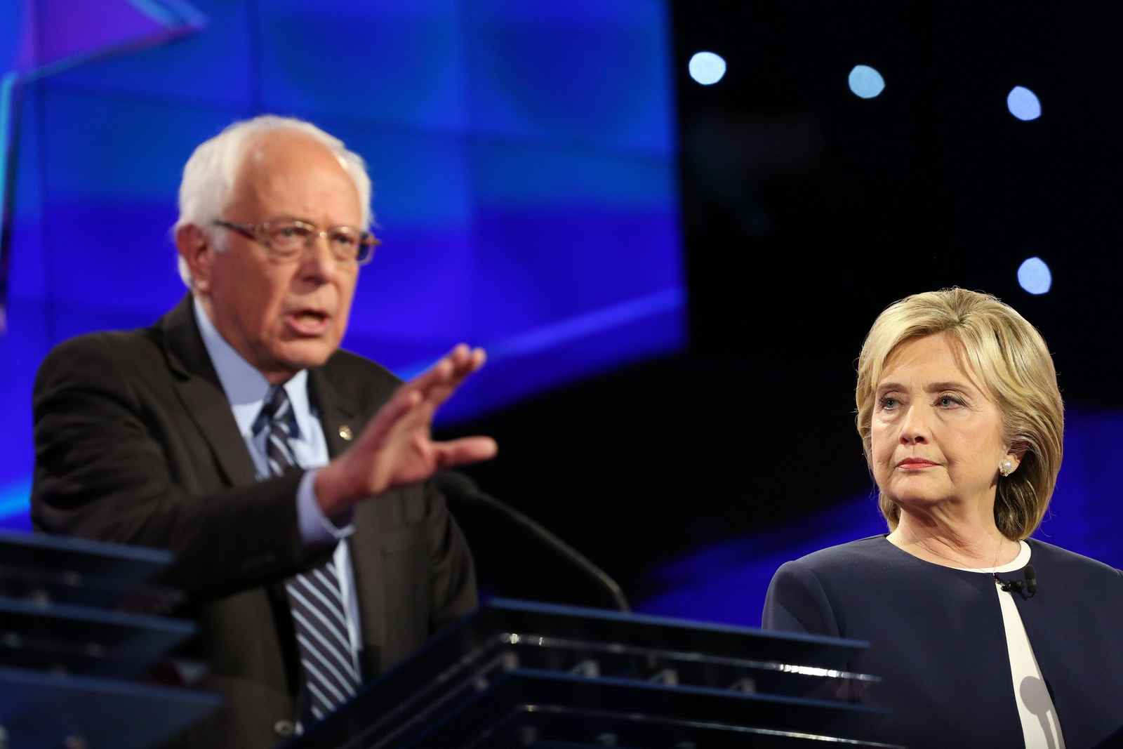 Bernie Sanders and Hillary Clinton at the CNN Democratic Debate at the Wynn Hotel in Las Vegas, Tuesday, October 13, 2015.