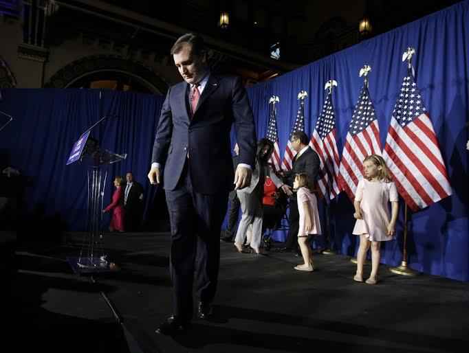Republican presidential candidate, Sen. Ted Cruz, R-Texas, walks off the stage following a primary night campaign event, Tuesday, May 3, 2016, in Indianapolis. (AP Photo/Darron Cummings)  INDC131  (Darron Cummings / The Associated Press)
